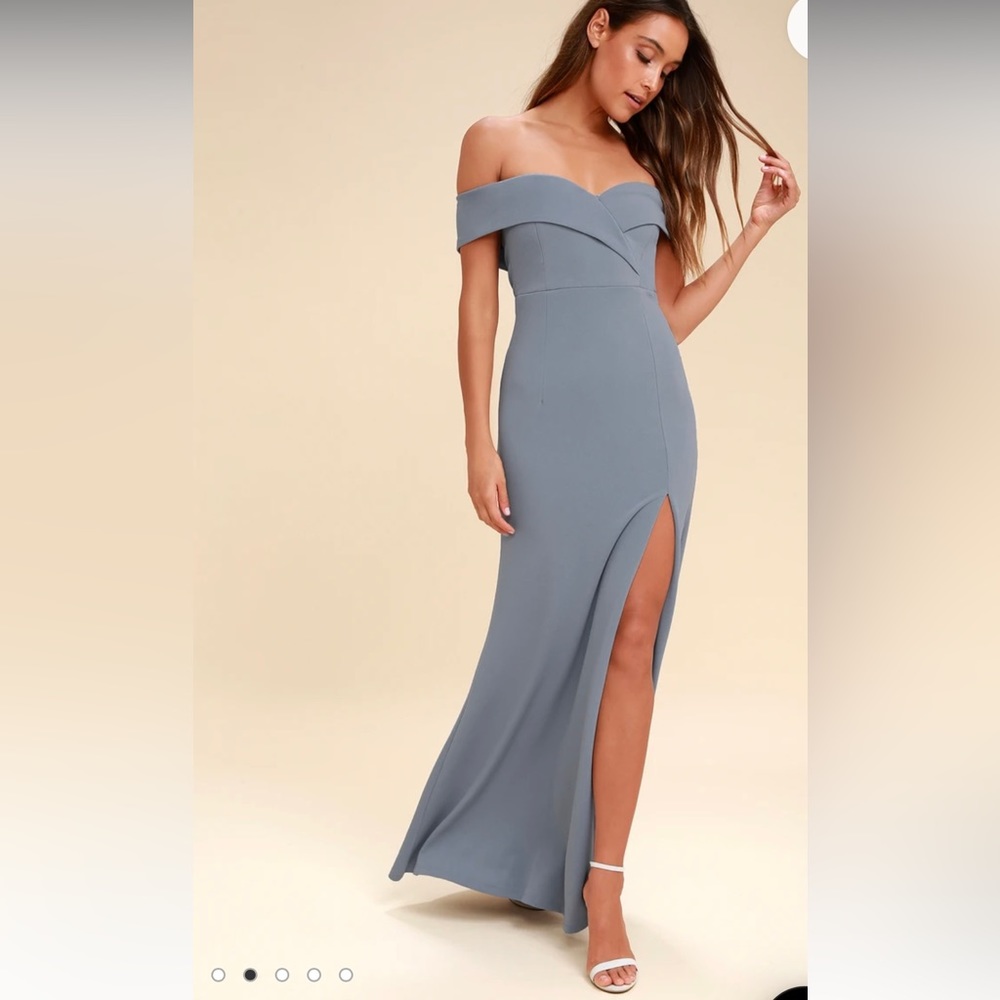 Lulu’s Song of Love Blue Grey Off the Shoulder Maxi Dress